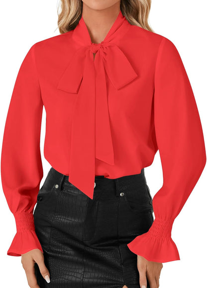 LYANER Women's Bow Tie Neck Blouse Ruffle Long Sleeve Business Dressy Office Shirt Top