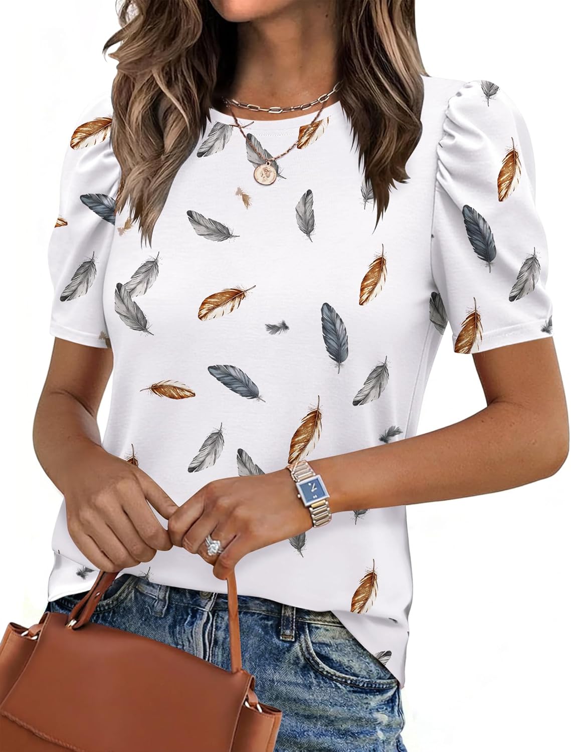 Zeagoo Blouse for Women Dressy Casual Puff Short Sleeve Boho Tops Fashion Floral Crew Neck Tunic Shirts Summer Clothes
