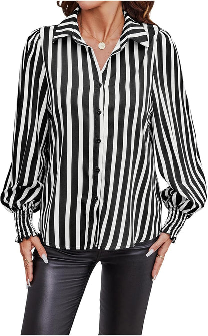 SweatyRocks Women's Graphic Print Long Lantern Sleeve Collar Neck Button Front Blouse Shirt Top