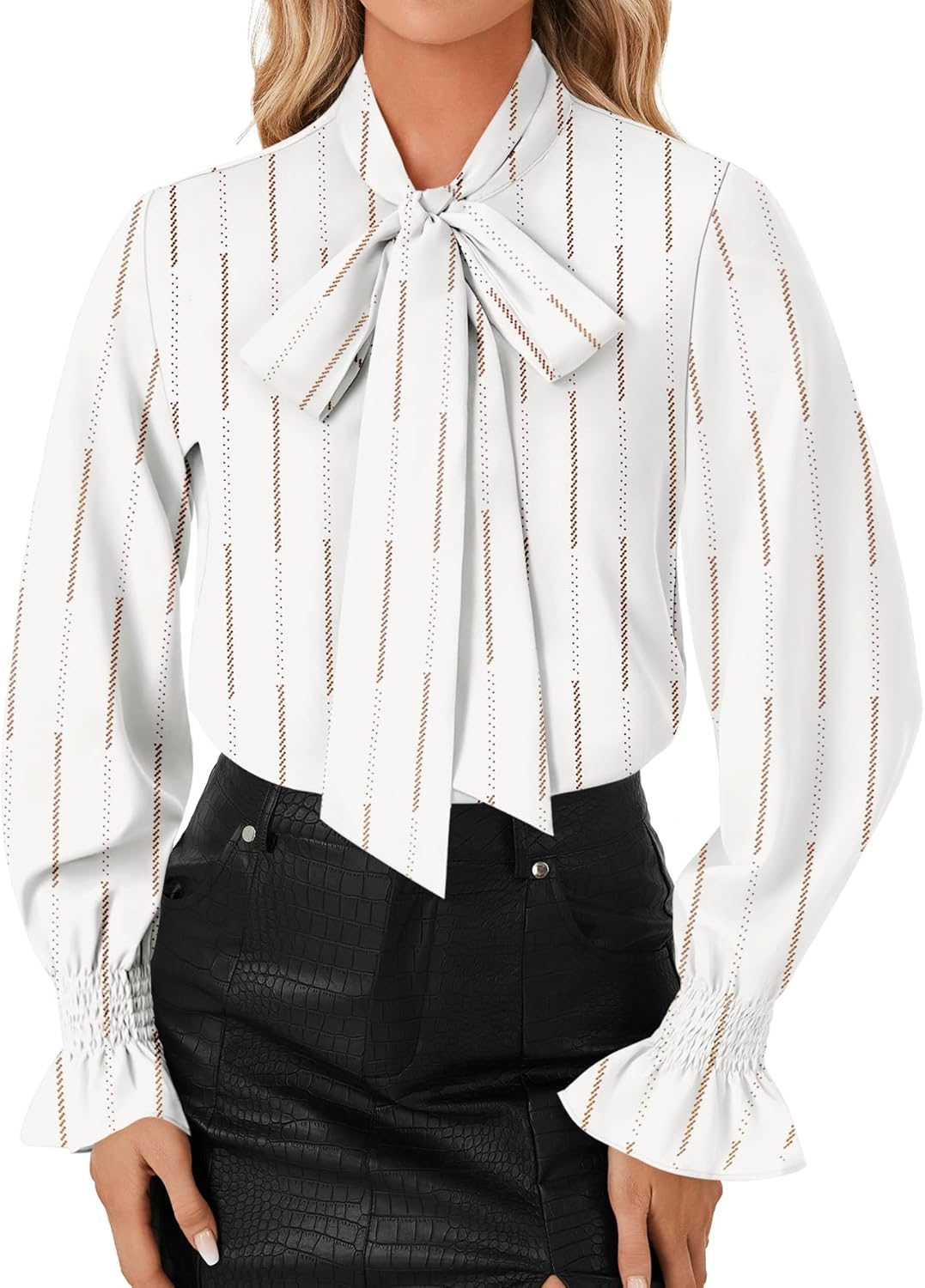 LYANER Women's Bow Tie Neck Blouse Ruffle Long Sleeve Business Dressy Office Shirt Top