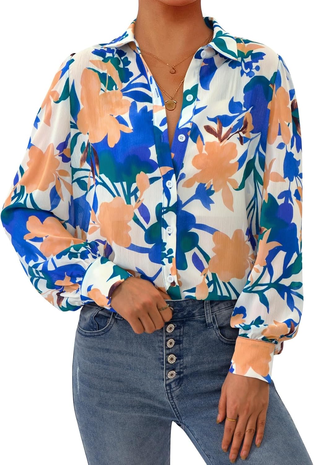 PRETTYGARDEN Women's Floral Blouses Dressy Casual V Neck Button Down Shirts Lantern Long Sleeve Boho Chiffon Spring Tops 2026