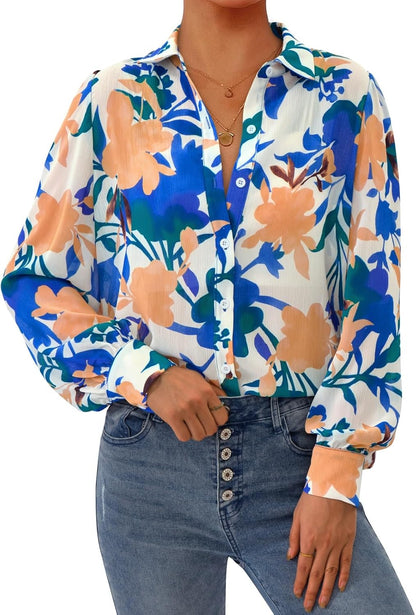 PRETTYGARDEN Women's Floral Blouses Dressy Casual V Neck Button Down Shirts Lantern Long Sleeve Boho Chiffon Spring Tops 2026