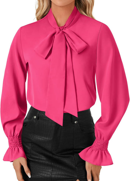 LYANER Women's Bow Tie Neck Blouse Ruffle Long Sleeve Business Dressy Office Shirt Top