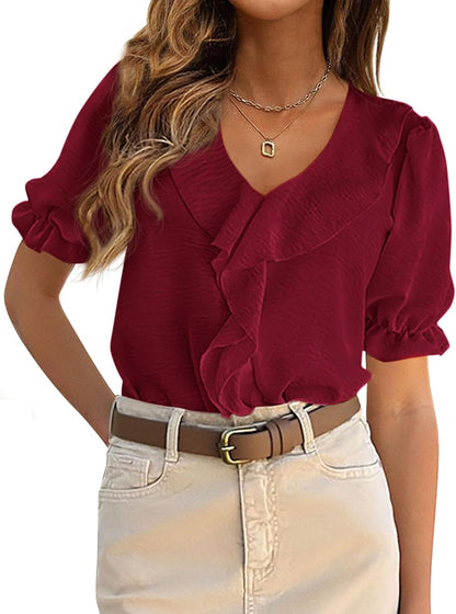 PRETTYGARDEN Women's Summer Dressy Casual Blouses 2026 Short Sleeve V Neck Ruffle Business Work Tops Trendy Spring Outfits