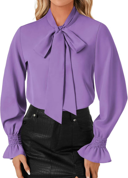 LYANER Women's Bow Tie Neck Blouse Ruffle Long Sleeve Business Dressy Office Shirt Top