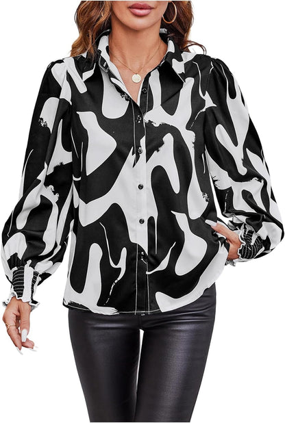 SweatyRocks Women's Graphic Print Long Lantern Sleeve Collar Neck Button Front Blouse Shirt Top