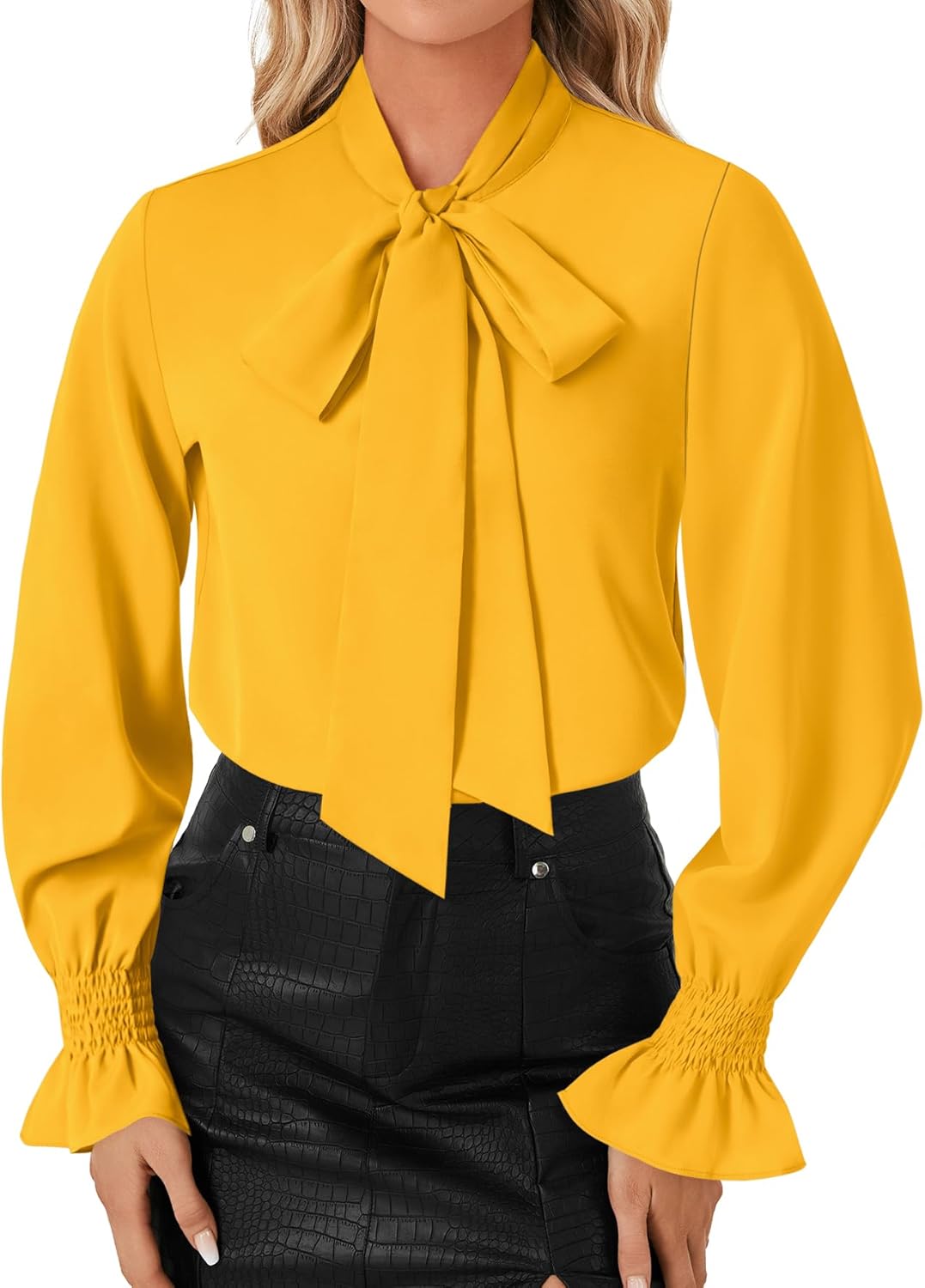 LYANER Women's Bow Tie Neck Blouse Ruffle Long Sleeve Business Dressy Office Shirt Top