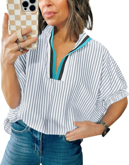 Womens Striped Contrast Neck Shirts Elbow Puff Sleeve Dolman Blouse Top