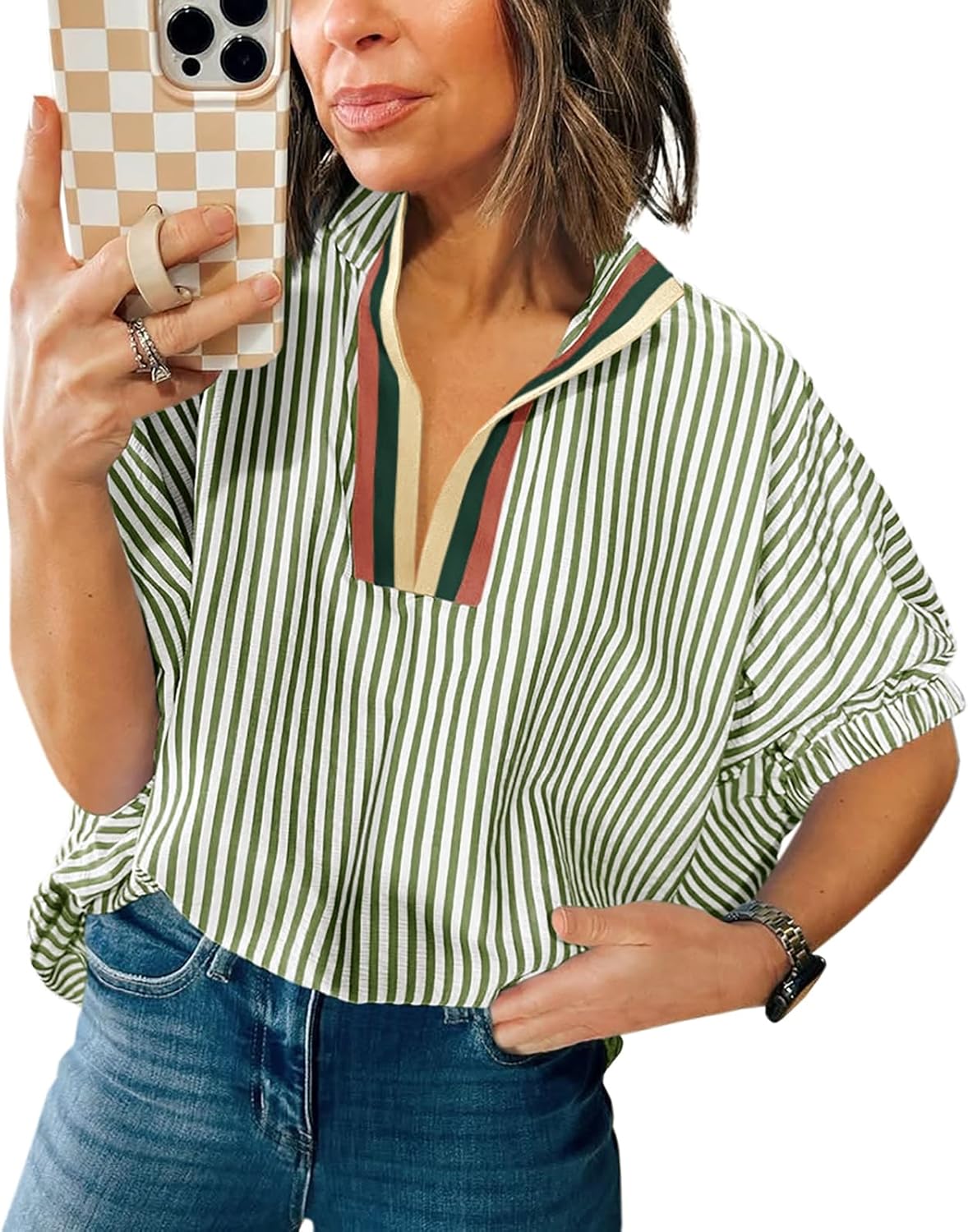 Womens Striped Contrast Neck Shirts Elbow Puff Sleeve Dolman Blouse Top
