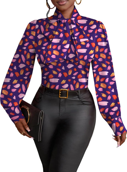 Vrtige Women's Bow Tie Neck Long Sleeve Elegant Blouse Shirt Top