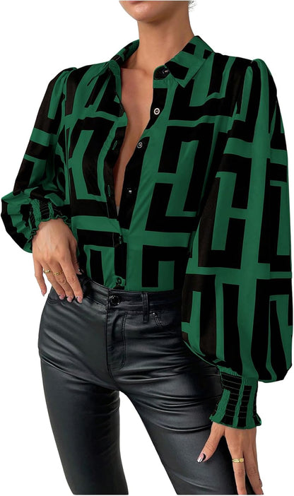 SweatyRocks Women's Graphic Print Long Lantern Sleeve Collar Neck Button Front Blouse Shirt Top