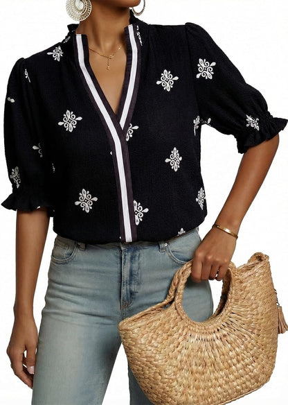 Dokotoo Women's Summer Boho Floral Ruffle Shirt Puff Short Sleeve V Neck Casual Trendy Cute Blouse Tops