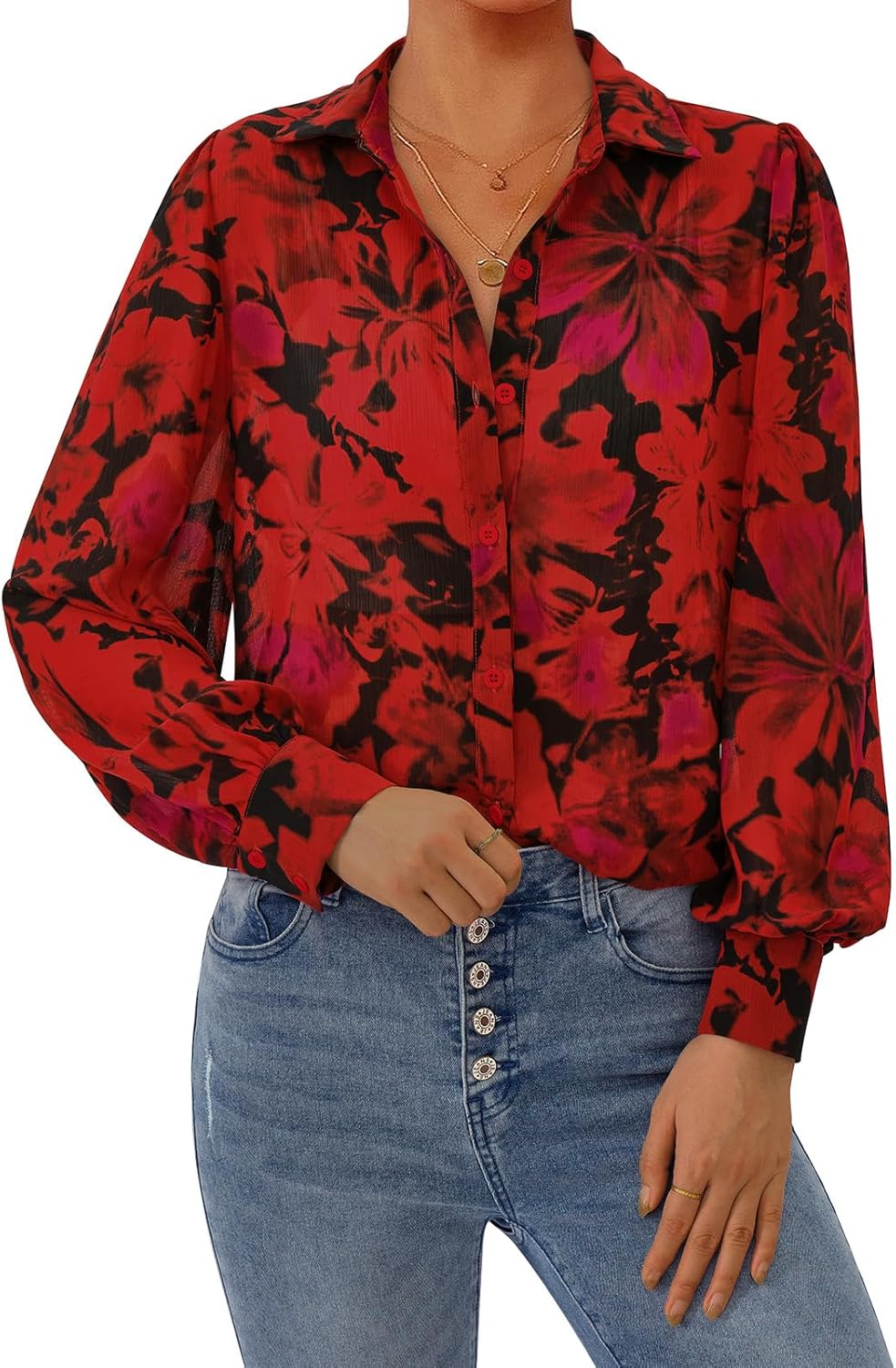 PRETTYGARDEN Women's Floral Blouses Dressy Casual V Neck Button Down Shirts Lantern Long Sleeve Boho Chiffon Spring Tops 2026