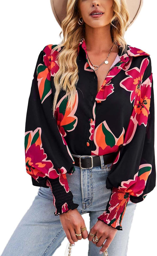 Blouse for Women Floral Print Blouse 2026 Long Sleeve Button Down Casual Fall Boho Oversized Tops Shirts