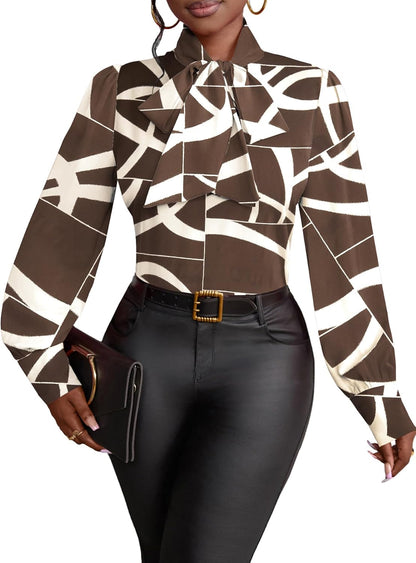 Vrtige Women's Bow Tie Neck Long Sleeve Elegant Blouse Shirt Top
