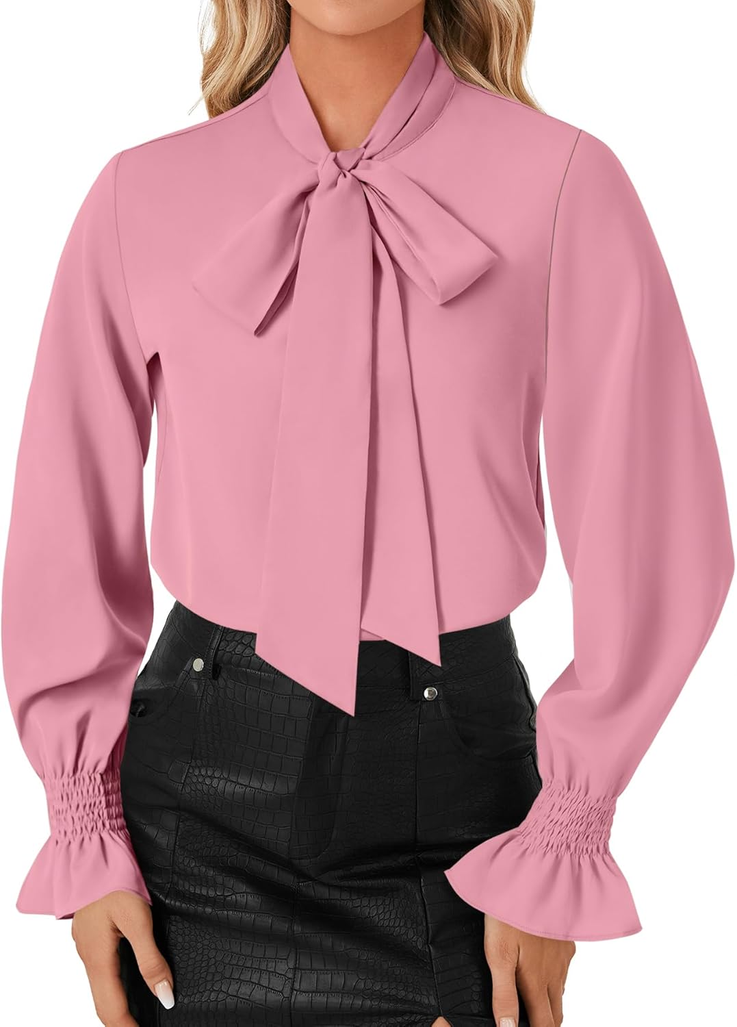 LYANER Women's Bow Tie Neck Blouse Ruffle Long Sleeve Business Dressy Office Shirt Top