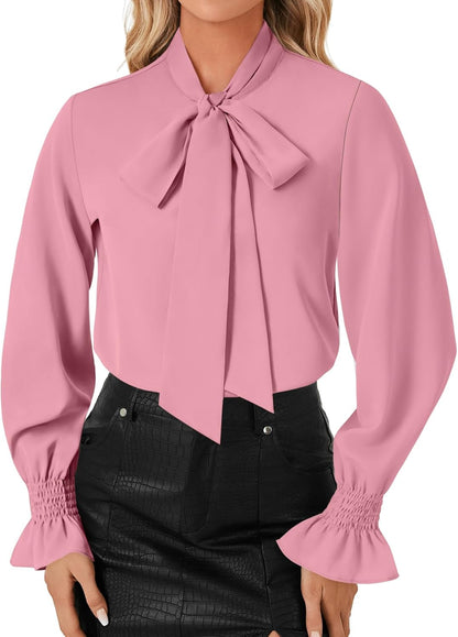 LYANER Women's Bow Tie Neck Blouse Ruffle Long Sleeve Business Dressy Office Shirt Top