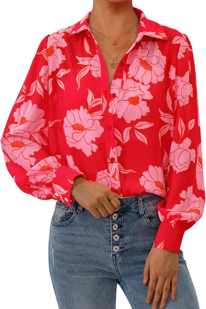 PRETTYGARDEN Women's Floral Blouses Dressy Casual V Neck Button Down Shirts Lantern Long Sleeve Boho Chiffon Spring Tops 2026