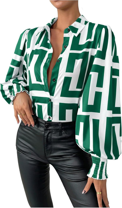 SweatyRocks Women's Graphic Print Long Lantern Sleeve Collar Neck Button Front Blouse Shirt Top