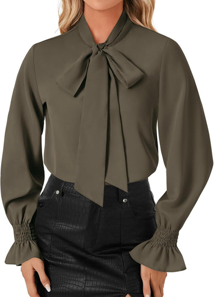 LYANER Women's Bow Tie Neck Blouse Ruffle Long Sleeve Business Dressy Office Shirt Top