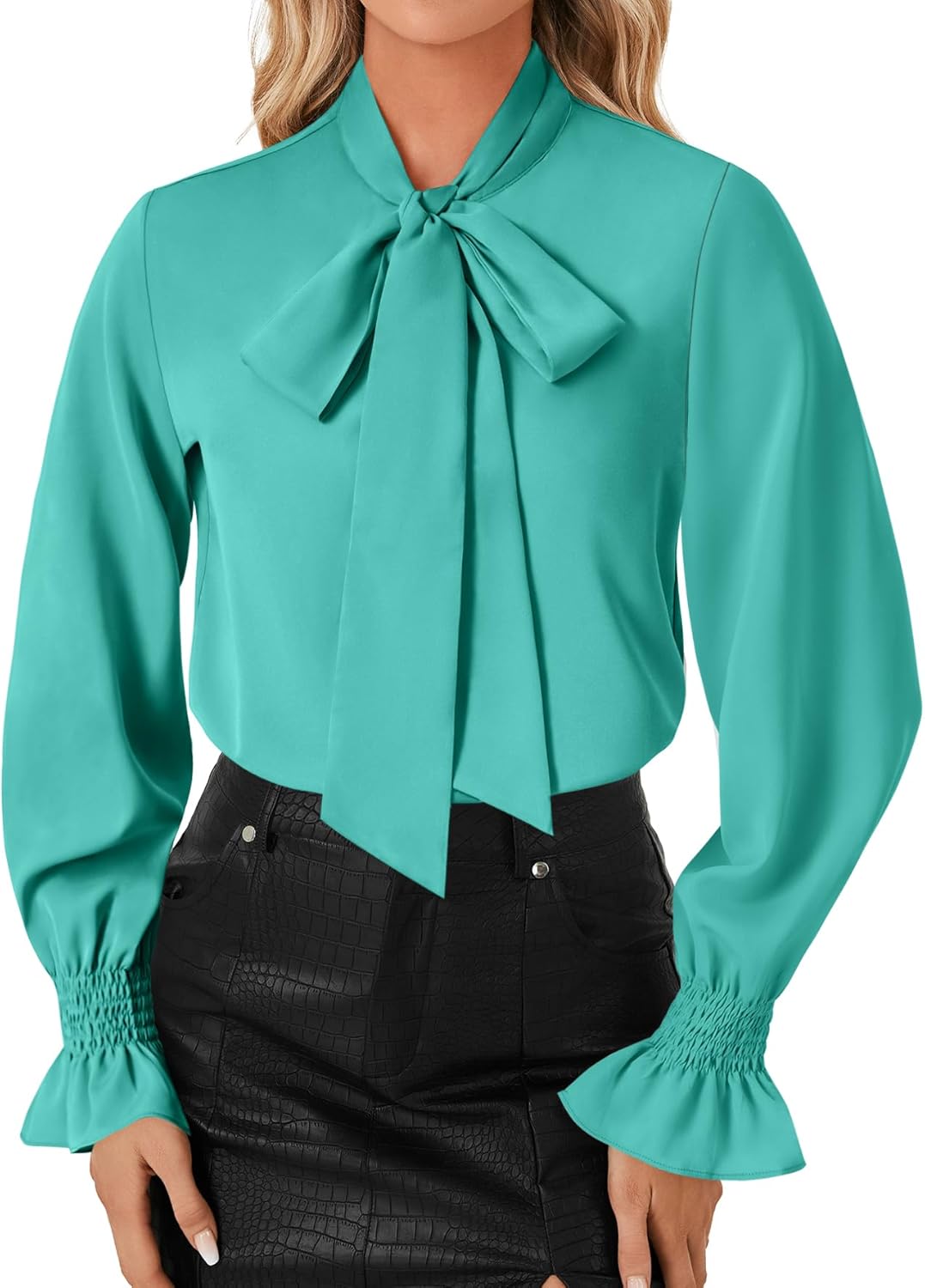 LYANER Women's Bow Tie Neck Blouse Ruffle Long Sleeve Business Dressy Office Shirt Top