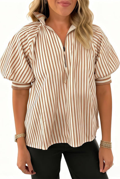 Womens Lantern Short Sleeves Striped Blouse Color Block Drop Shoulder Shirts Top Khaki