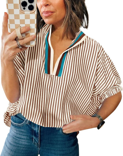 Womens Striped Contrast Neck Shirts Elbow Puff Sleeve Dolman Blouse Top