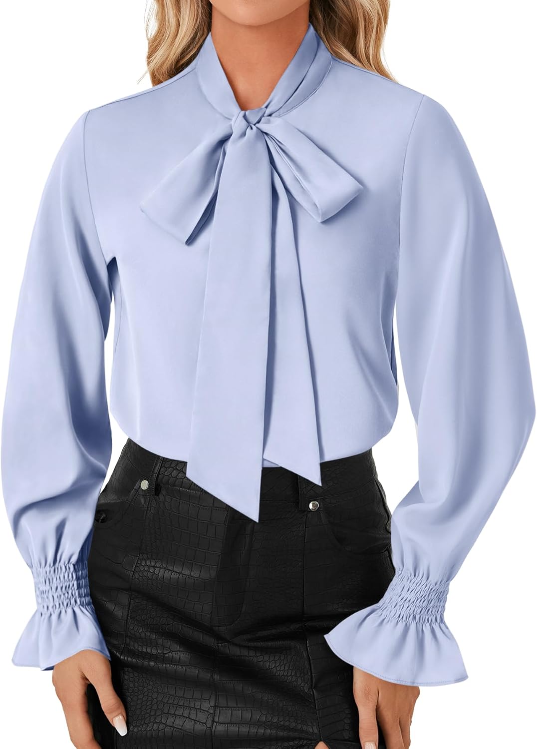 LYANER Women's Bow Tie Neck Blouse Ruffle Long Sleeve Business Dressy Office Shirt Top