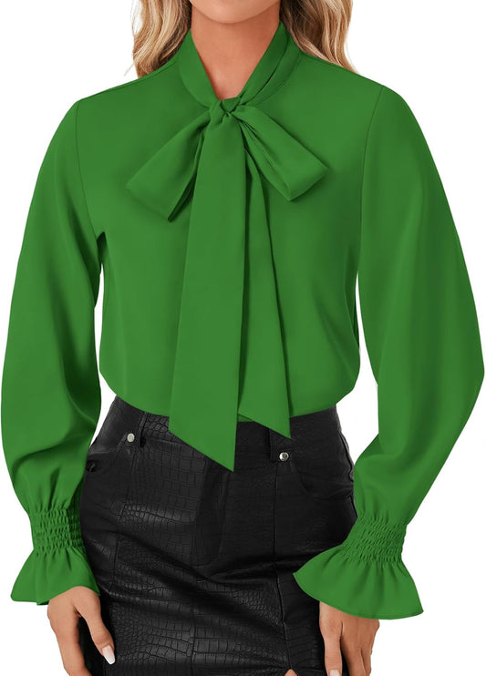LYANER Women's Bow Tie Neck Blouse Ruffle Long Sleeve Business Dressy Office Shirt Top