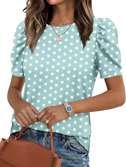 Zeagoo Blouse for Women Dressy Casual Puff Short Sleeve Boho Tops Fashion Floral Crew Neck Tunic Shirts Summer Clothes