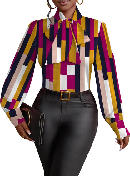 Vrtige Women's Bow Tie Neck Long Sleeve Elegant Blouse Shirt Top