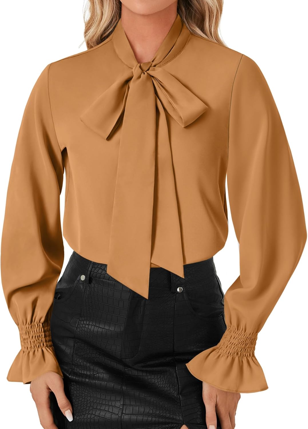 LYANER Women's Bow Tie Neck Blouse Ruffle Long Sleeve Business Dressy Office Shirt Top