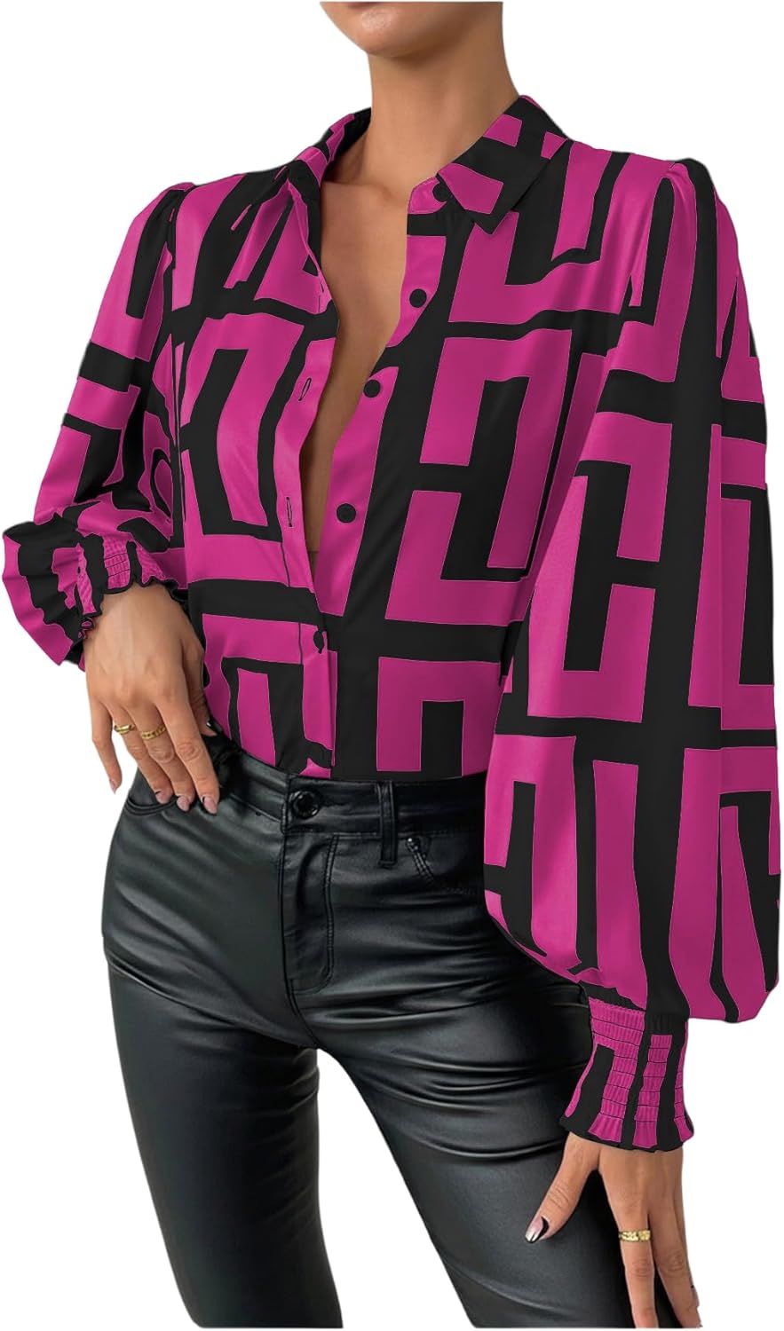 SweatyRocks Women's Graphic Print Long Lantern Sleeve Collar Neck Button Front Blouse Shirt Top