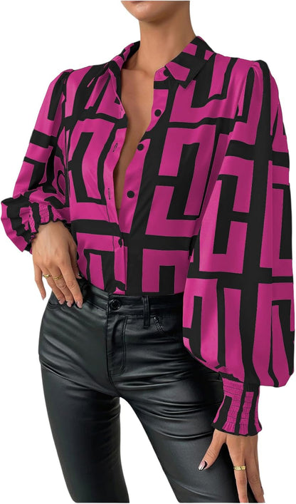 SweatyRocks Women's Graphic Print Long Lantern Sleeve Collar Neck Button Front Blouse Shirt Top