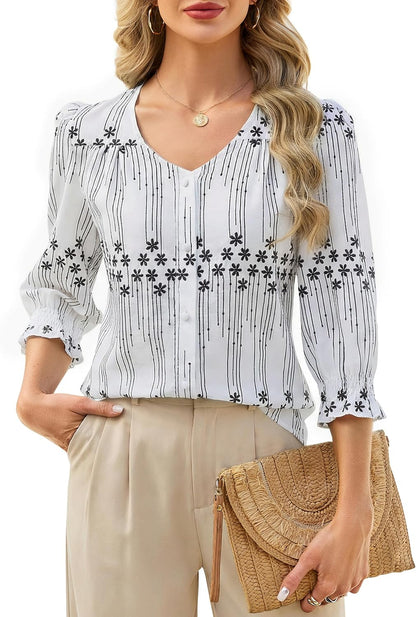 Blooming Jelly Womens 3/4 Length Sleeve Tops Summer Business Casual Blouses Button Down Shirts Boho Floral Clothes