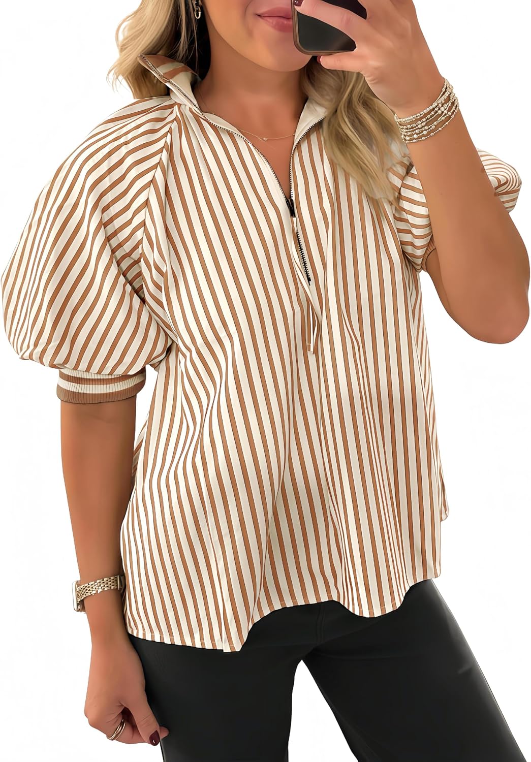 Womens Lantern Short Sleeves Striped Blouse Color Block Drop Shoulder Shirts Top Khaki
