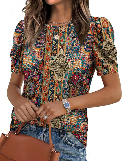 Zeagoo Blouse for Women Dressy Casual Puff Short Sleeve Boho Tops Fashion Floral Crew Neck Tunic Shirts Summer Clothes