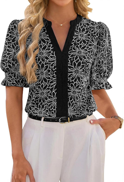 Blooming Jelly Womens Dressy Casual Trendy Blouses Elegant Work Summer Bussiness Tops Floral Puff Sleeve Polyester Shirts (L, Black)