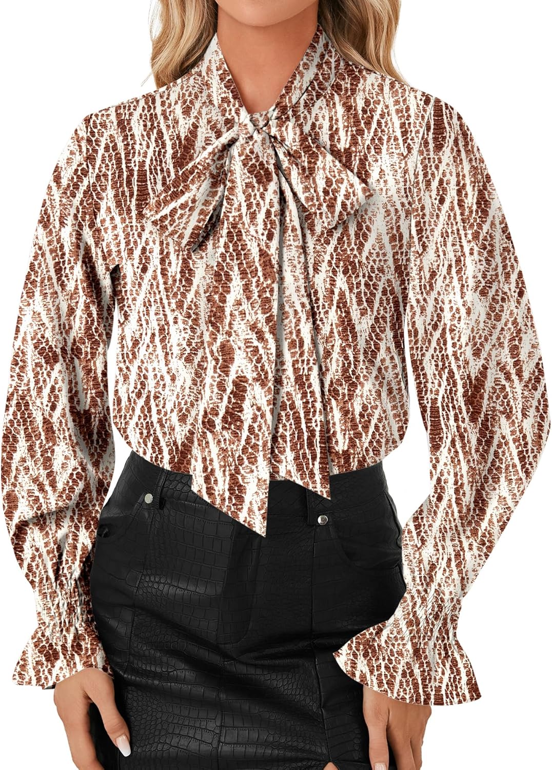 LYANER Women's Bow Tie Neck Blouse Ruffle Long Sleeve Business Dressy Office Shirt Top