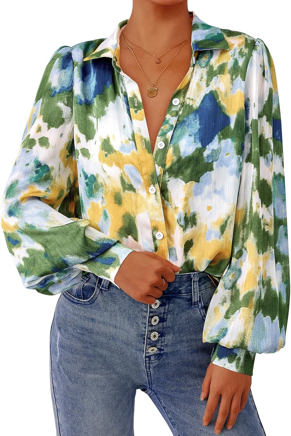 PRETTYGARDEN Women's Floral Blouses Dressy Casual V Neck Button Down Shirts Lantern Long Sleeve Boho Chiffon Spring Tops 2026