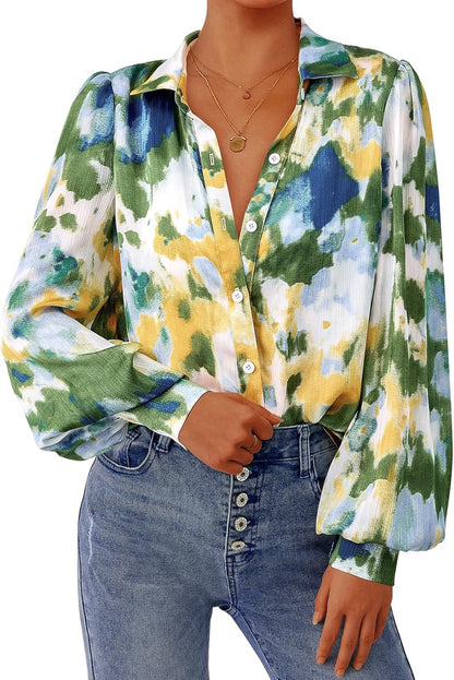 PRETTYGARDEN Women's Floral Blouses Dressy Casual V Neck Button Down Shirts Lantern Long Sleeve Boho Chiffon Spring Tops 2026