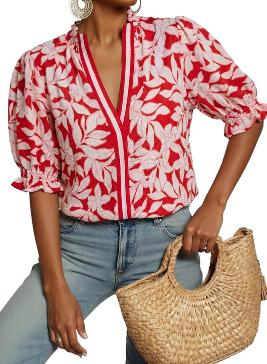 Dokotoo Women's Summer Boho Floral Ruffle Shirt Puff Short Sleeve V Neck Casual Trendy Cute Blouse Tops