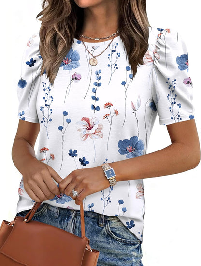 Zeagoo Blouse for Women Dressy Casual Puff Short Sleeve Boho Tops Fashion Floral Crew Neck Tunic Shirts Summer Clothes
