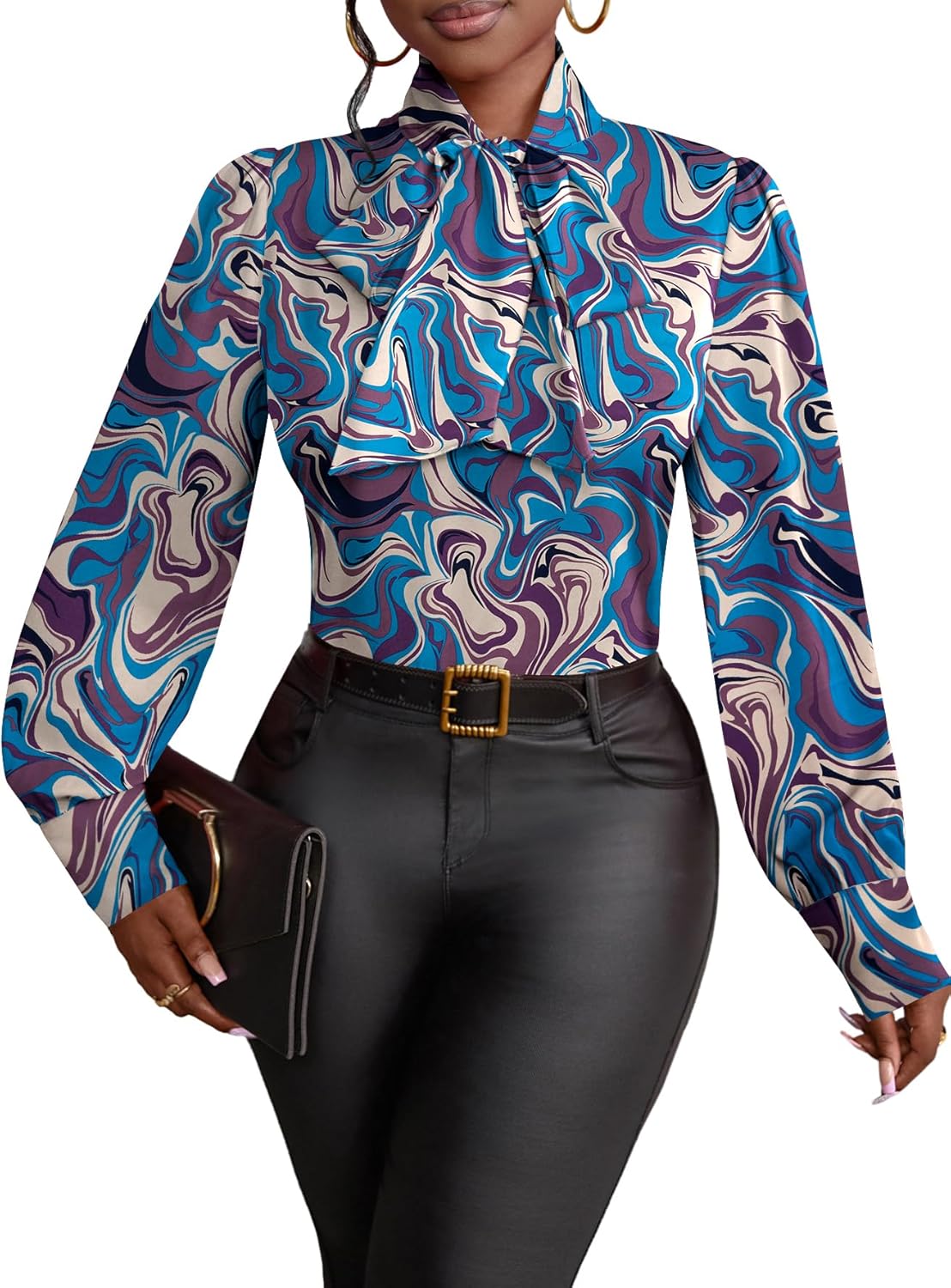 Vrtige Women's Bow Tie Neck Long Sleeve Elegant Blouse Shirt Top