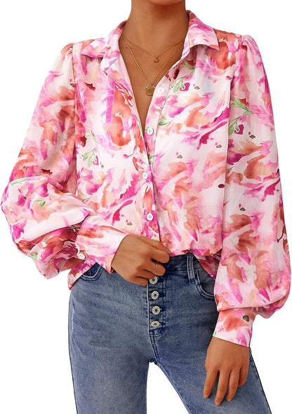 PRETTYGARDEN Women's Floral Blouses Dressy Casual V Neck Button Down Shirts Lantern Long Sleeve Boho Chiffon Spring Tops 2026