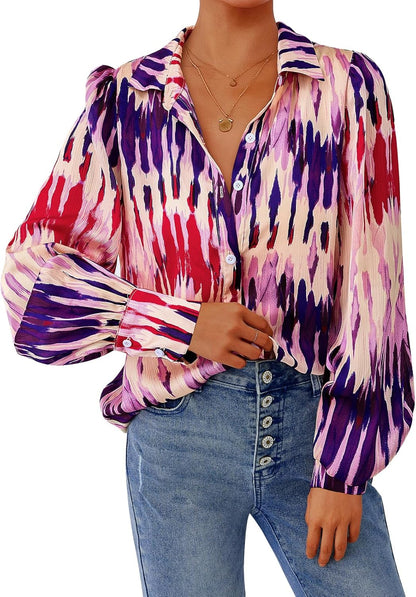 PRETTYGARDEN Women's Floral Blouses Dressy Casual V Neck Button Down Shirts Lantern Long Sleeve Boho Chiffon Spring Tops 2026