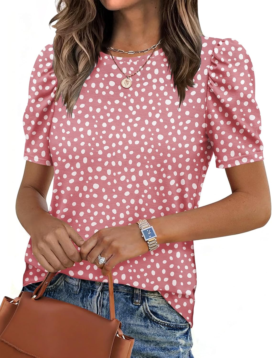 Zeagoo Blouse for Women Dressy Casual Puff Short Sleeve Boho Tops Fashion Floral Crew Neck Tunic Shirts Summer Clothes