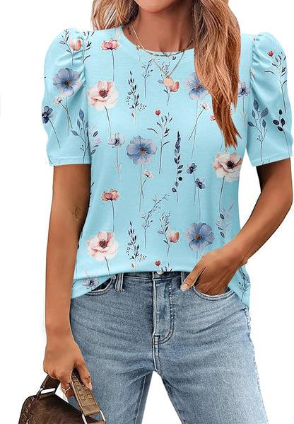 Zeagoo Blouse for Women Dressy Casual Puff Short Sleeve Boho Tops Fashion Floral Crew Neck Tunic Shirts Summer Clothes