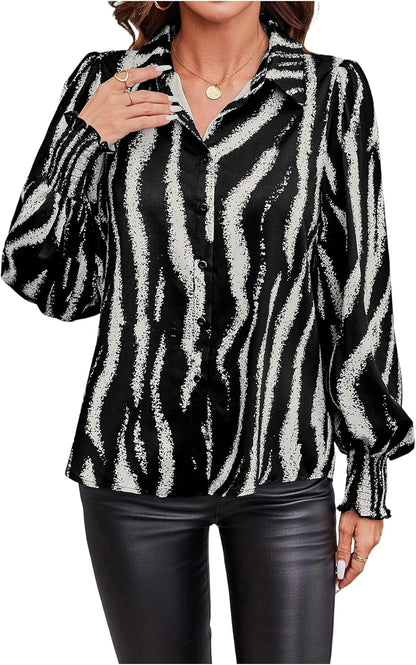 SweatyRocks Women's Graphic Print Long Lantern Sleeve Collar Neck Button Front Blouse Shirt Top