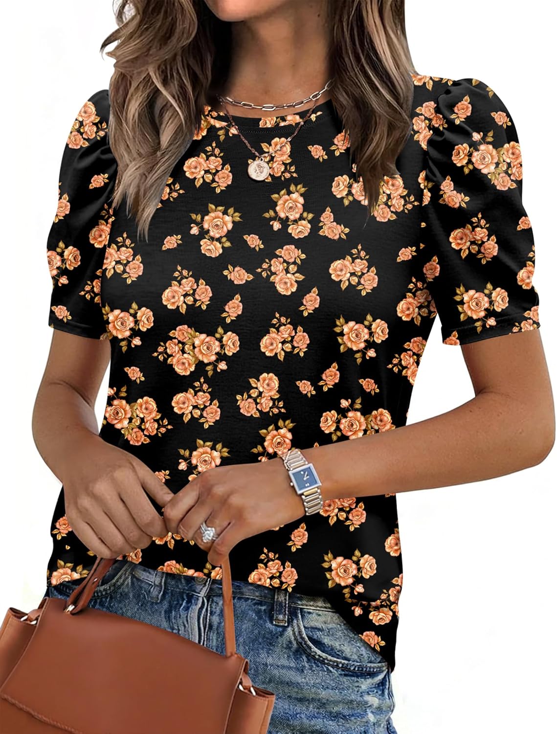 Zeagoo Blouse for Women Dressy Casual Puff Short Sleeve Boho Tops Fashion Floral Crew Neck Tunic Shirts Summer Clothes
